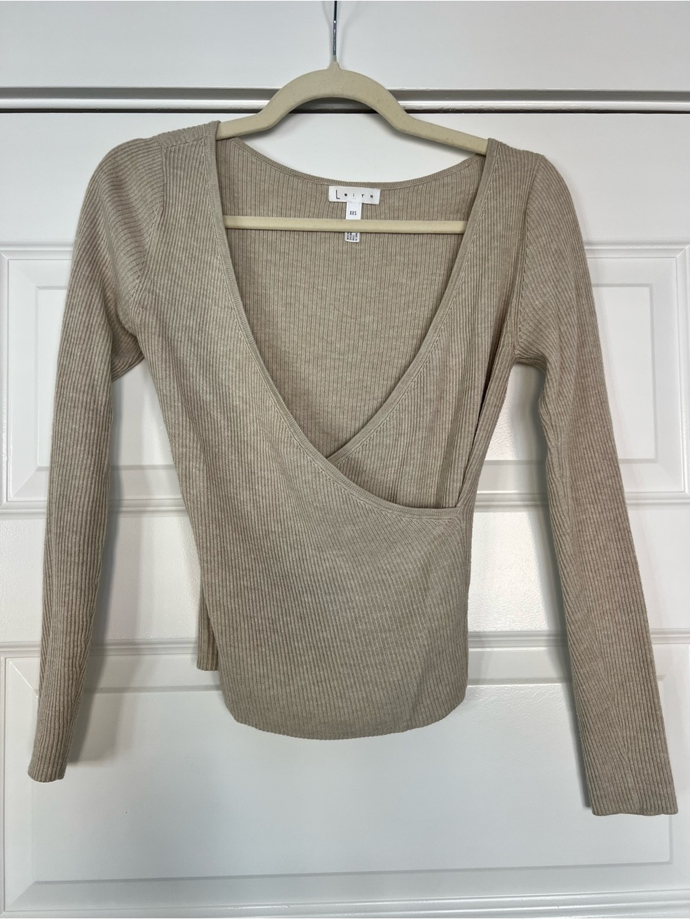 Leith Ribbed Wrap-Front Long Sleeve Top - Tan